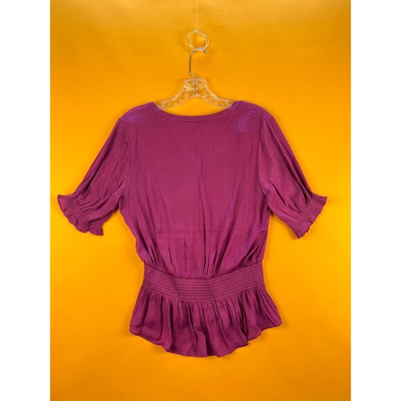 Naked Zebra Cora Peplum Blouse Womens S Mulberry Purple Smocked Short Sleeve NWT - Picture 9 of 10